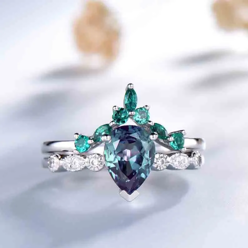 Classic Dora Pear Shaped Alexandrite Diamond Bridal Set Emerald Stackable Band