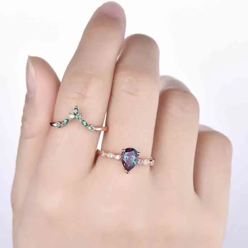 Classic Dora Pear Shaped Alexandrite Diamond Bridal Set Emerald Stackable Band