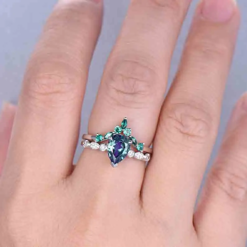Classic Dora Pear Shaped Alexandrite Diamond Bridal Set Emerald Stackable Band