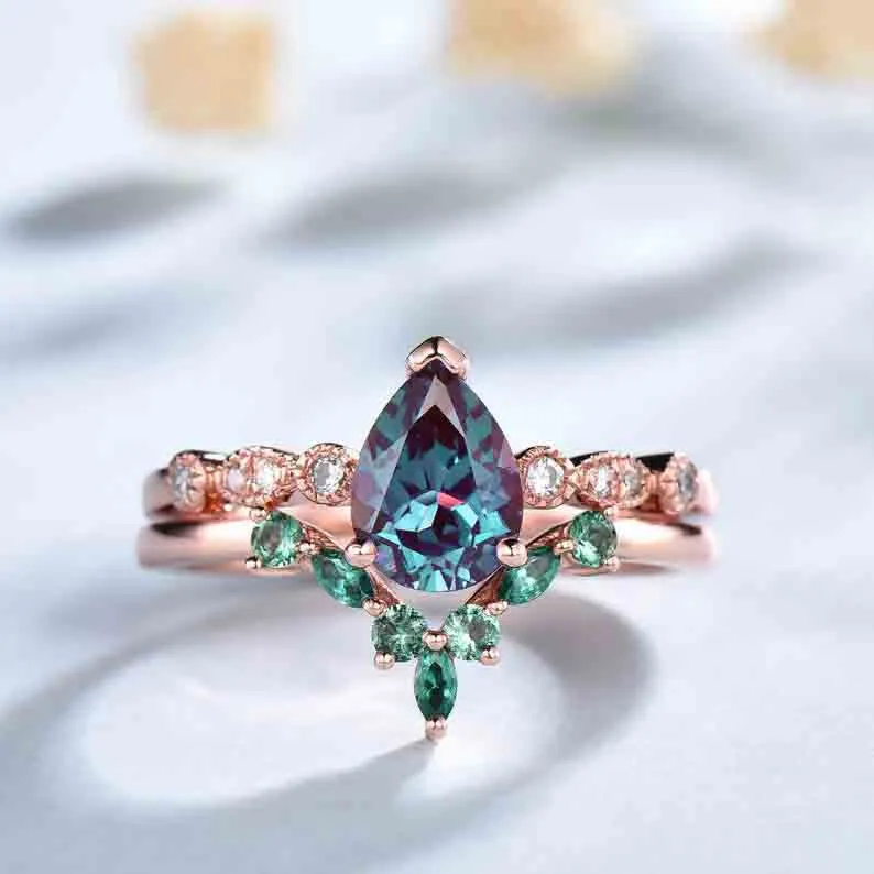 Classic Dora Pear Shaped Alexandrite Diamond Bridal Set Emerald Stackable Band