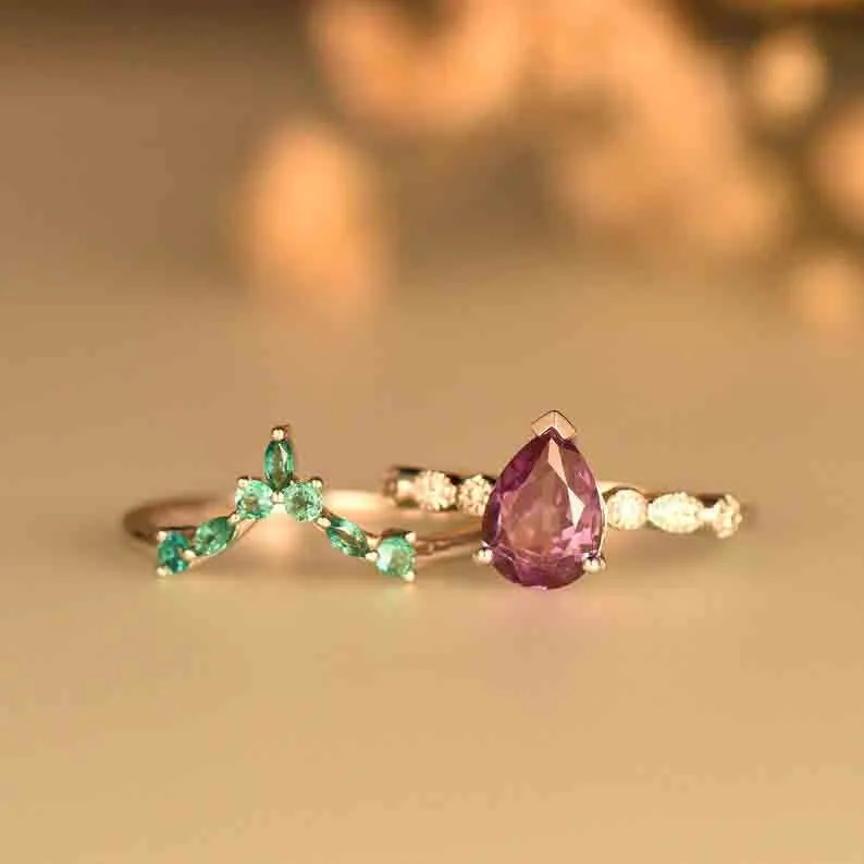 Classic Dora Pear Shaped Alexandrite Diamond Bridal Set Emerald Stackable Band