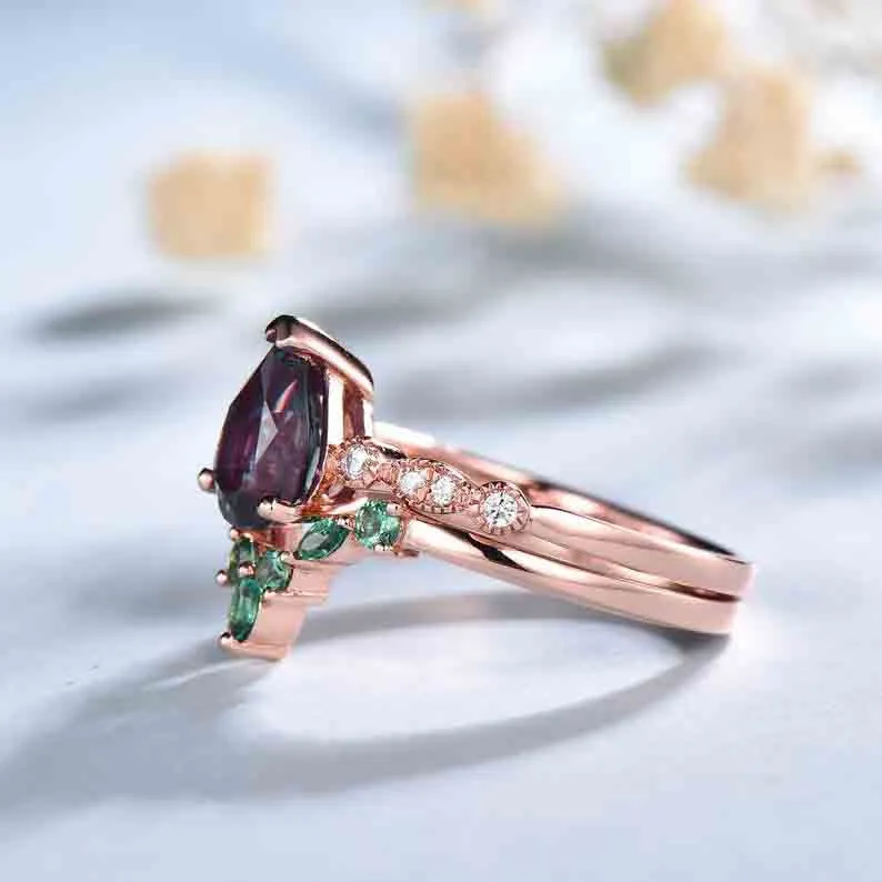 Classic Dora Pear Shaped Alexandrite Diamond Bridal Set Emerald Stackable Band