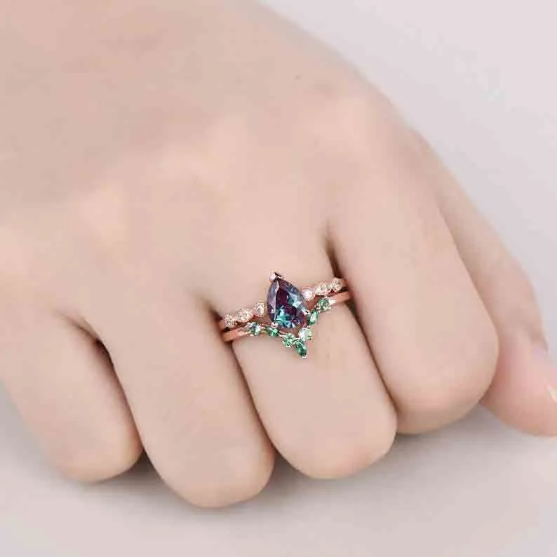 Classic Dora Pear Shaped Alexandrite Diamond Bridal Set Emerald Stackable Band
