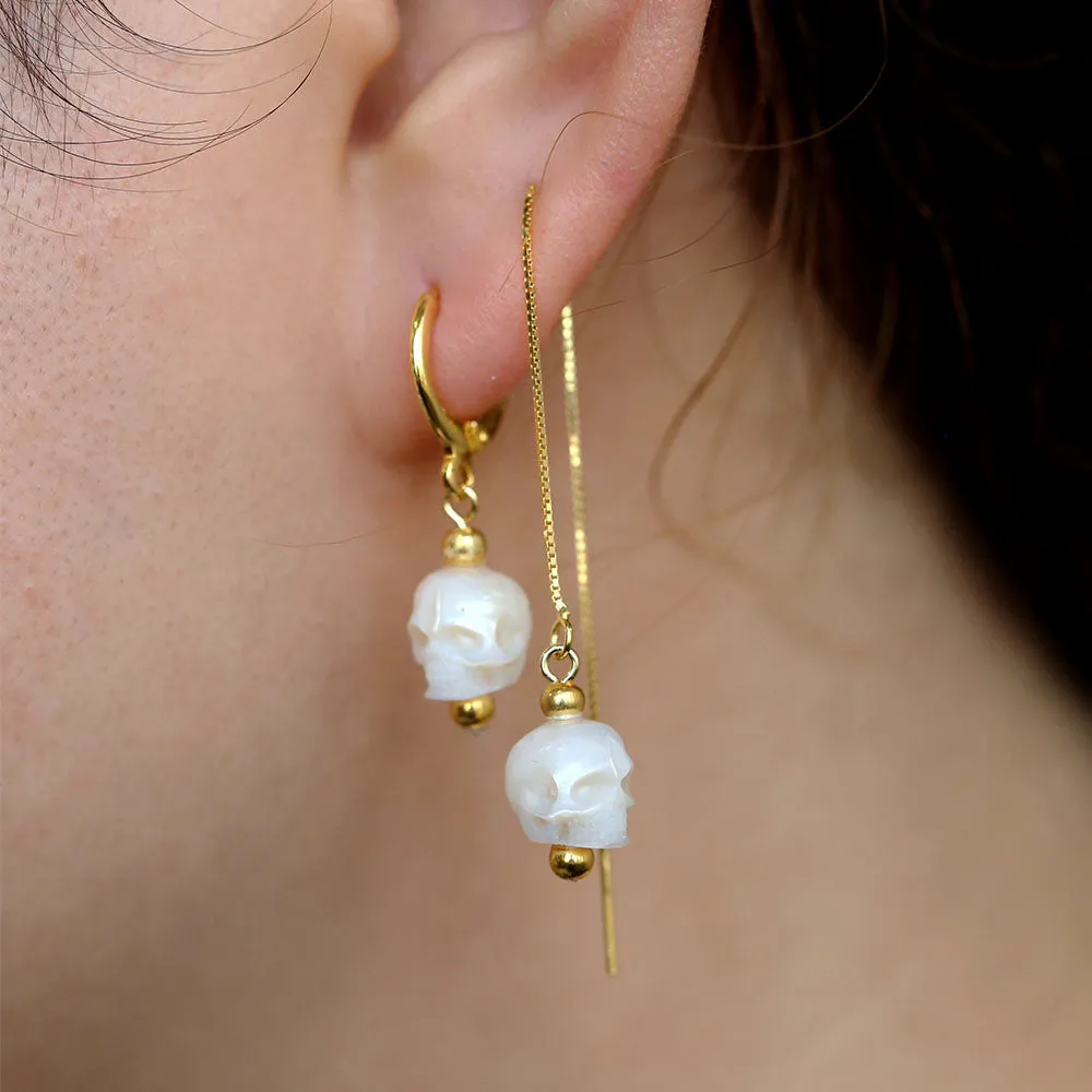 Classic Pearl Skull Hoop Clasp & Threader Earrings