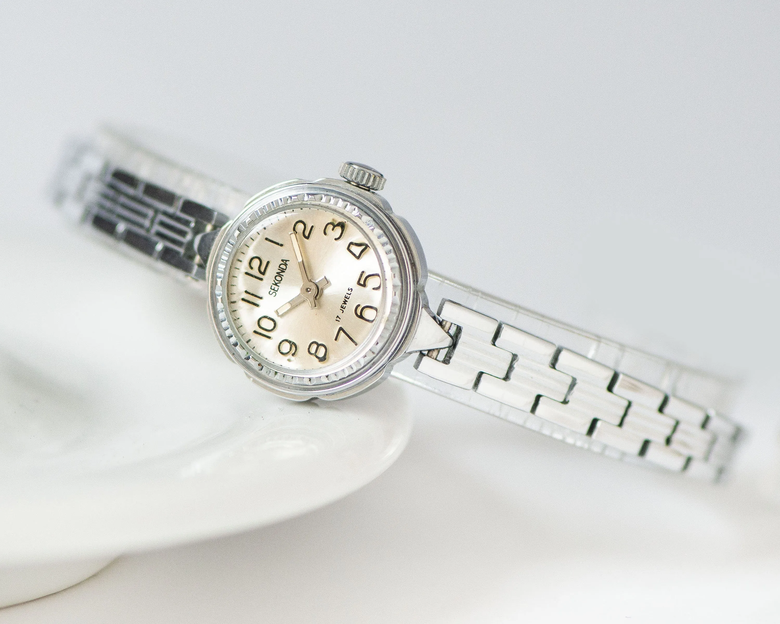 Cocktail watch for women unused Sekonda, silver shade lady wristwatch NOS, tiny bracelet evening watch small, chic wristwatch woman gift