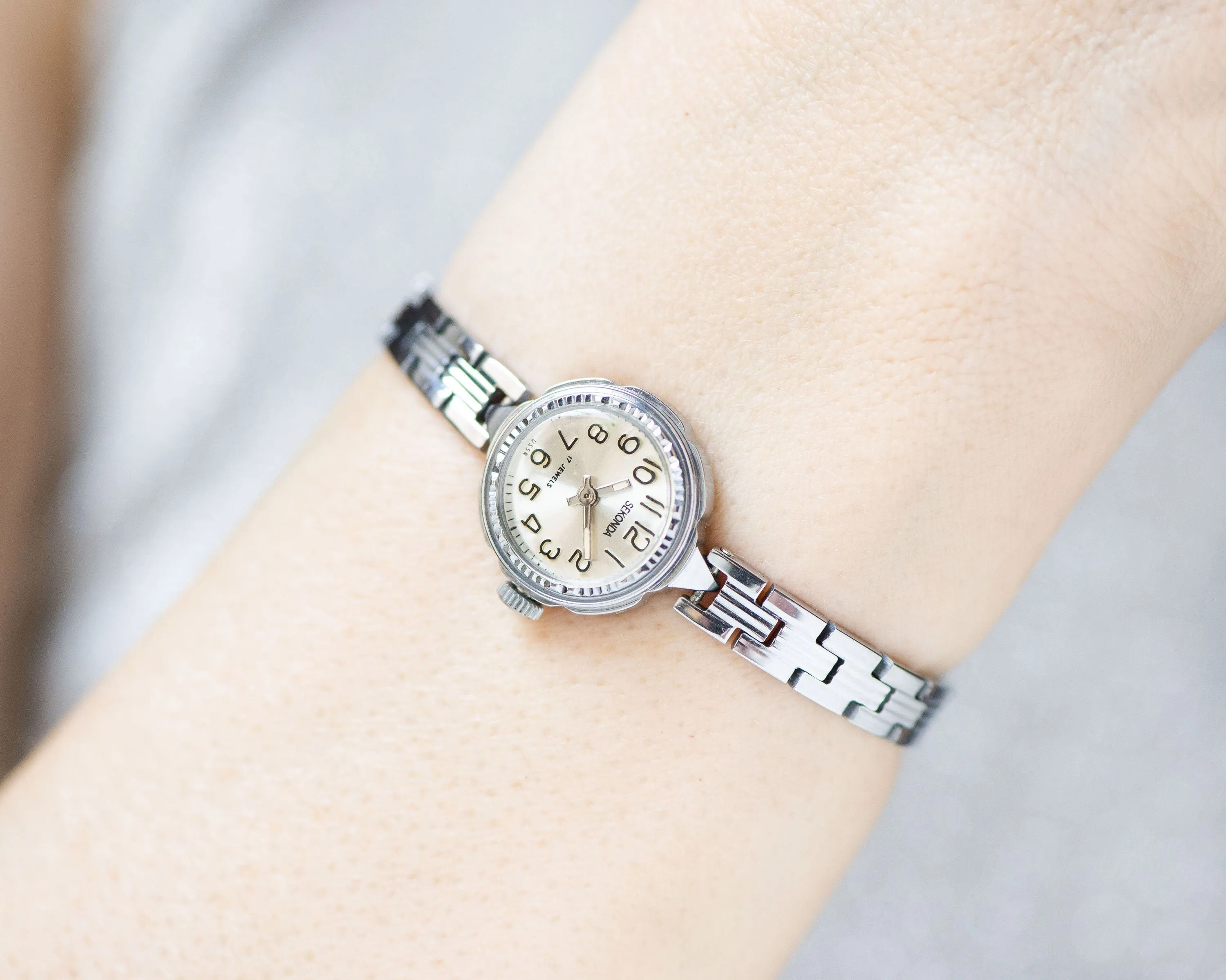 Cocktail watch for women unused Sekonda, silver shade lady wristwatch NOS, tiny bracelet evening watch small, chic wristwatch woman gift