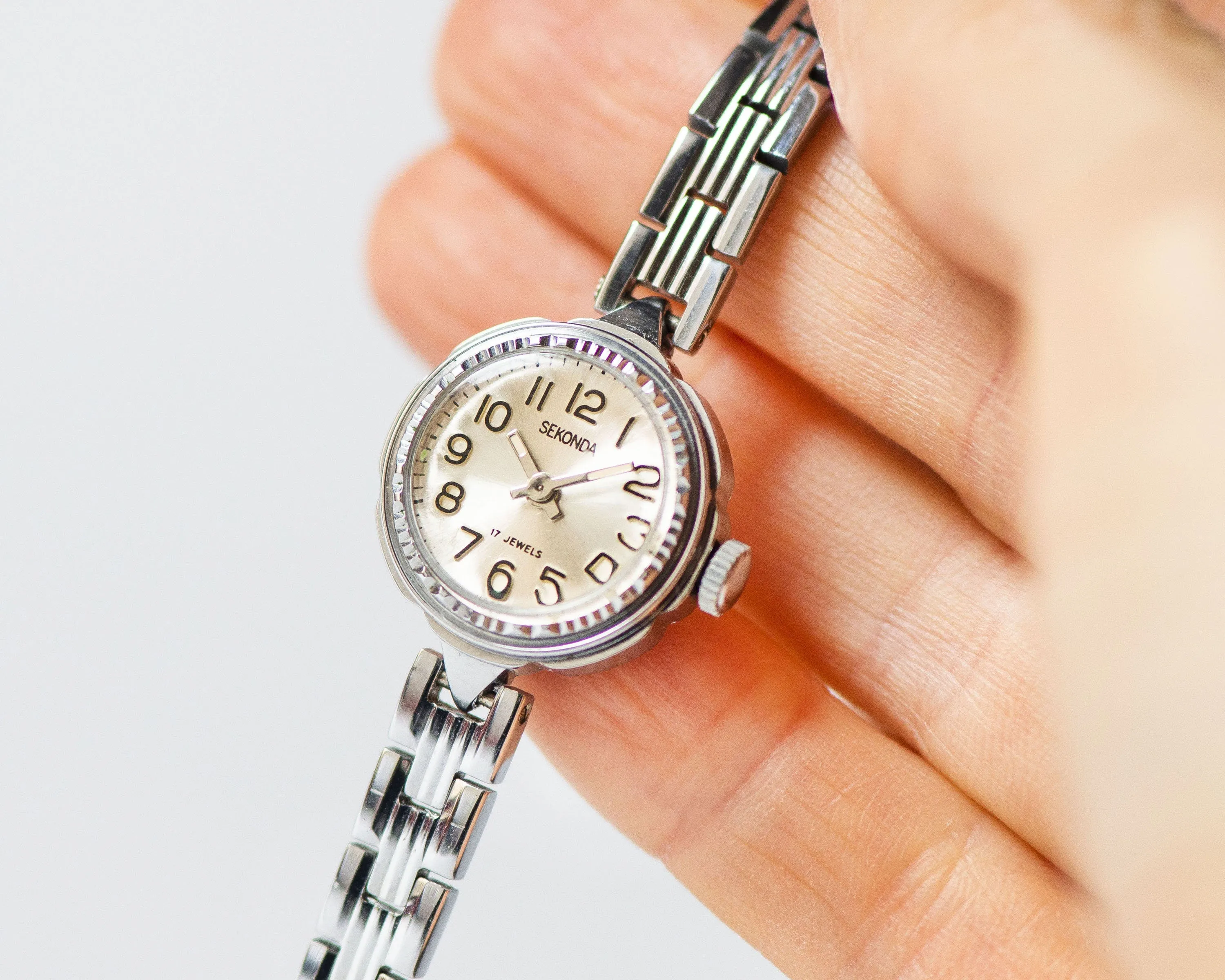Cocktail watch for women unused Sekonda, silver shade lady wristwatch NOS, tiny bracelet evening watch small, chic wristwatch woman gift