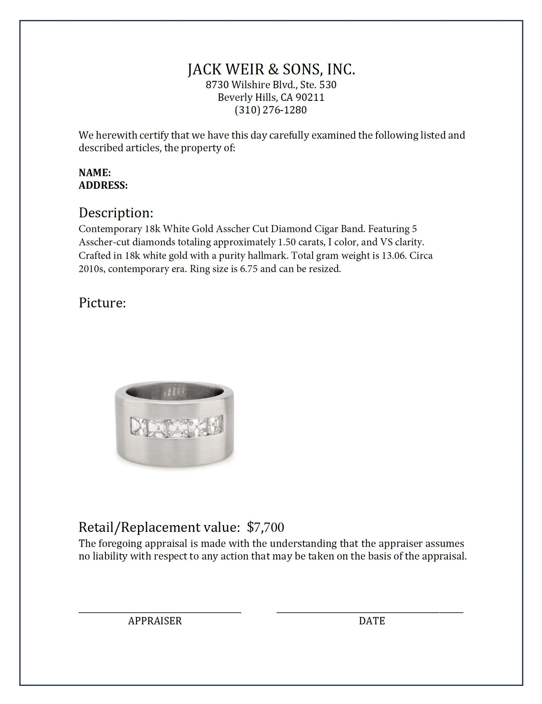 Contemporary Asscher cut diamond 18k white gold cigar band