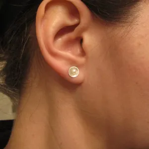 Contemporary Classic Pearl Earring Hand-Made Dome Circle Earrings w/ White Pearl Center - 0110