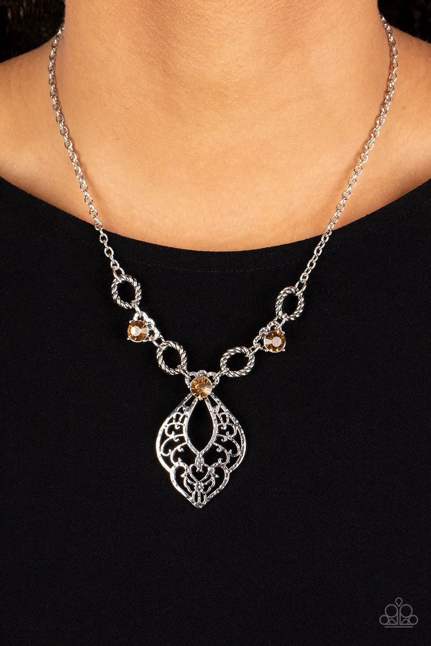 Contemporary Connections - Brown - Hammered Filigree Rhinestone Pendant Paparazzi Short Necklace