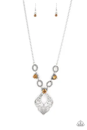 Contemporary Connections - Brown - Hammered Filigree Rhinestone Pendant Paparazzi Short Necklace