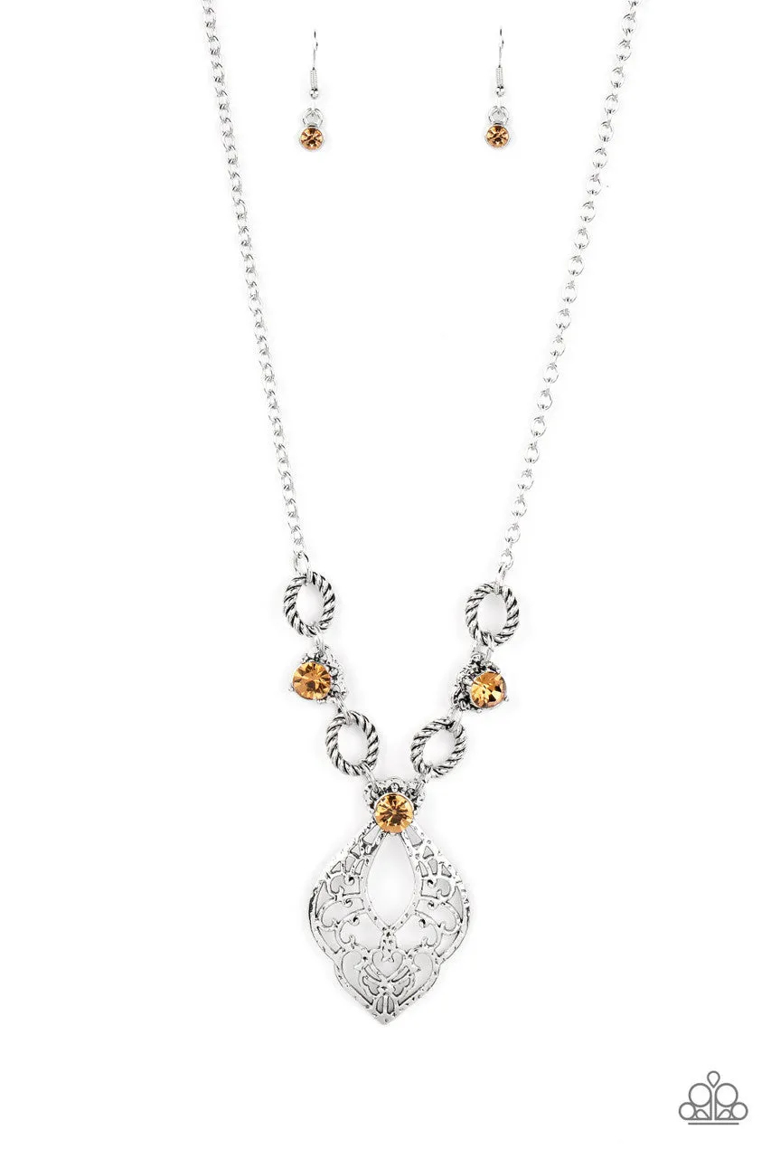 Contemporary Connections - Brown - Hammered Filigree Rhinestone Pendant Paparazzi Short Necklace