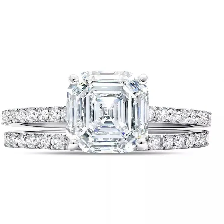 CRISLU LARGE ASSCHER CUT SOLITAIRE AND PAVE RING SET IN PLATINUM
