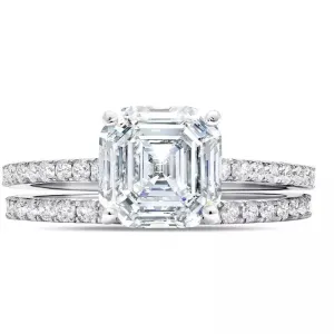 CRISLU LARGE ASSCHER CUT SOLITAIRE AND PAVE RING SET IN PLATINUM