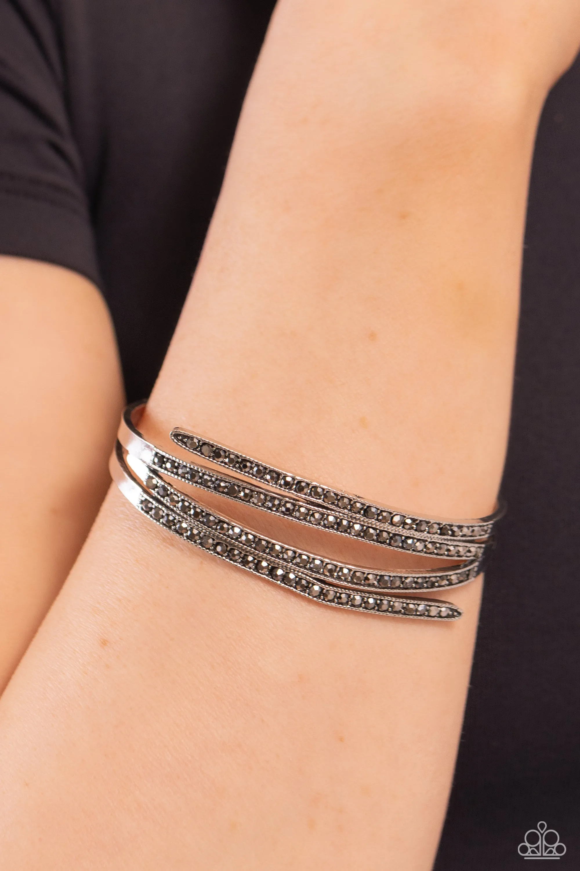 CURVED Lines - Silver - Hematite Rhinestone Paparazzi Cuff Bracelet