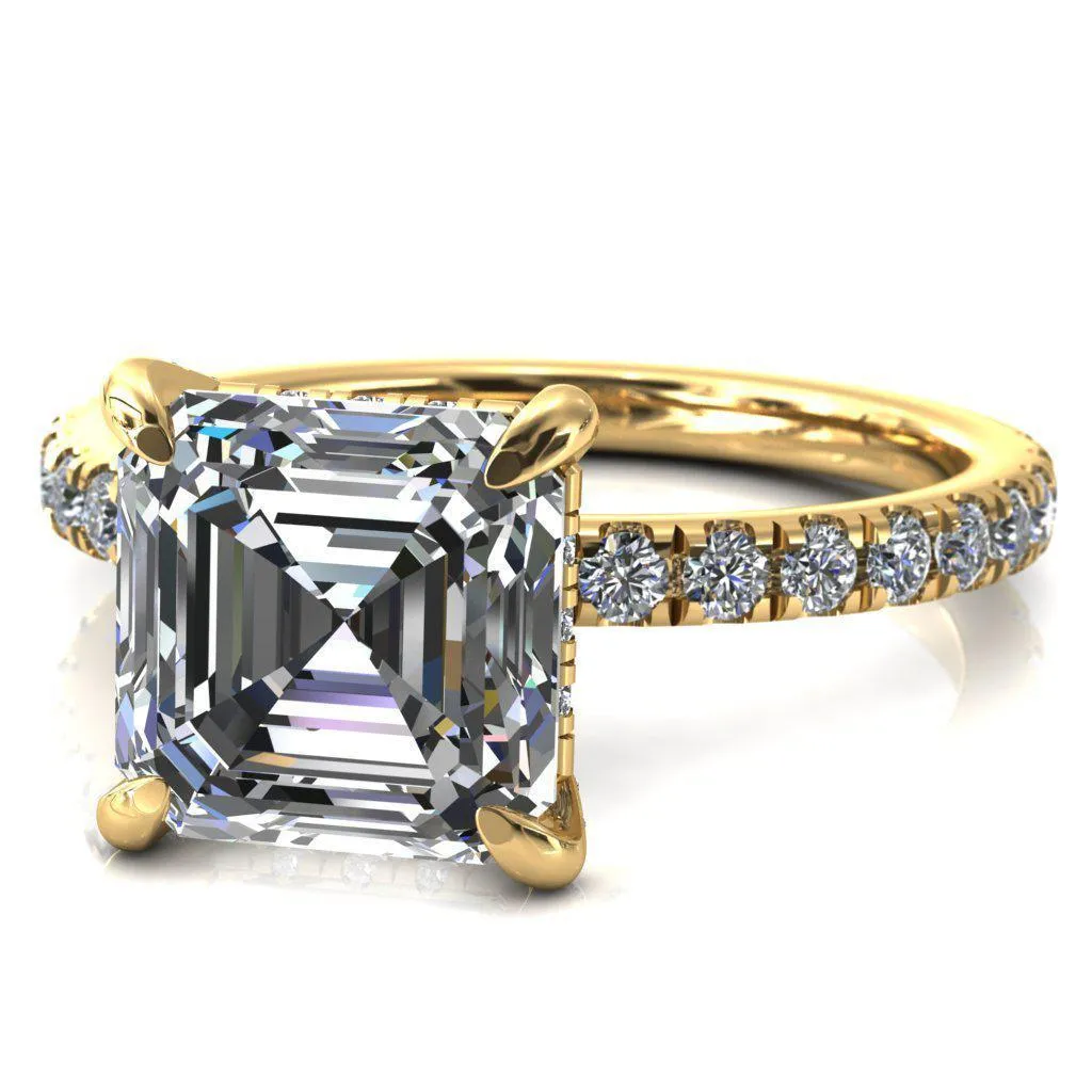 Daneli Asscher Moissanite 4 Claw Prong Micro Pave Diamond Sides Engagement Ring
