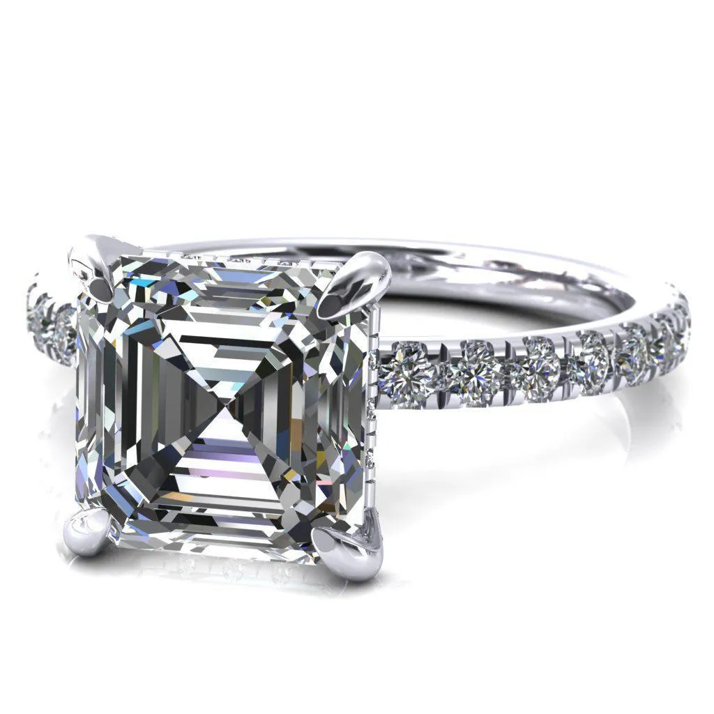 Daneli Asscher Moissanite 4 Claw Prong Micro Pave Diamond Sides Engagement Ring