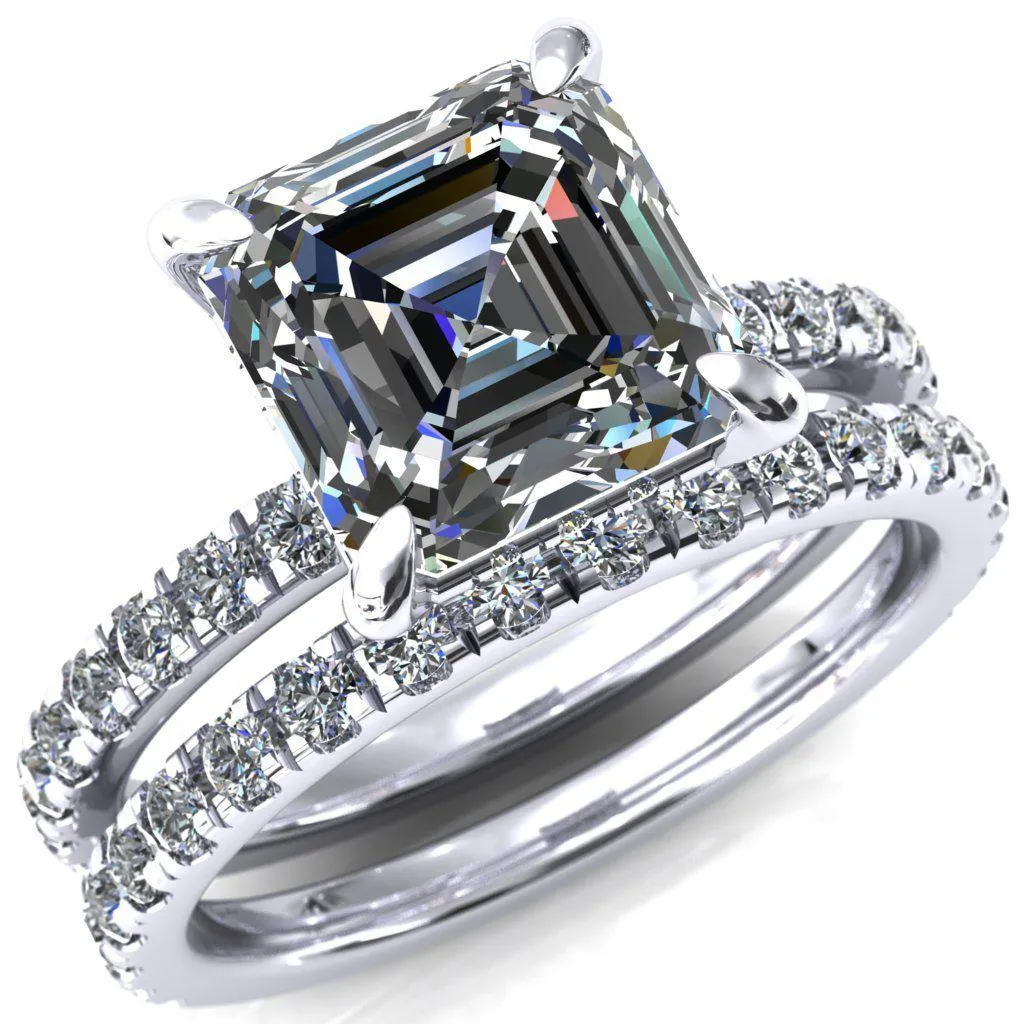 Daneli Asscher Moissanite 4 Claw Prong Micro Pave Diamond Sides Engagement Ring
