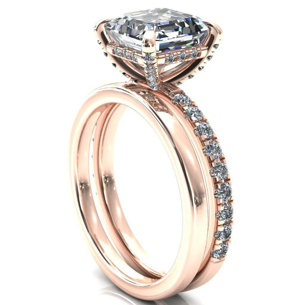 Daneli Asscher Moissanite 4 Claw Prong Micro Pave Diamond Sides Engagement Ring