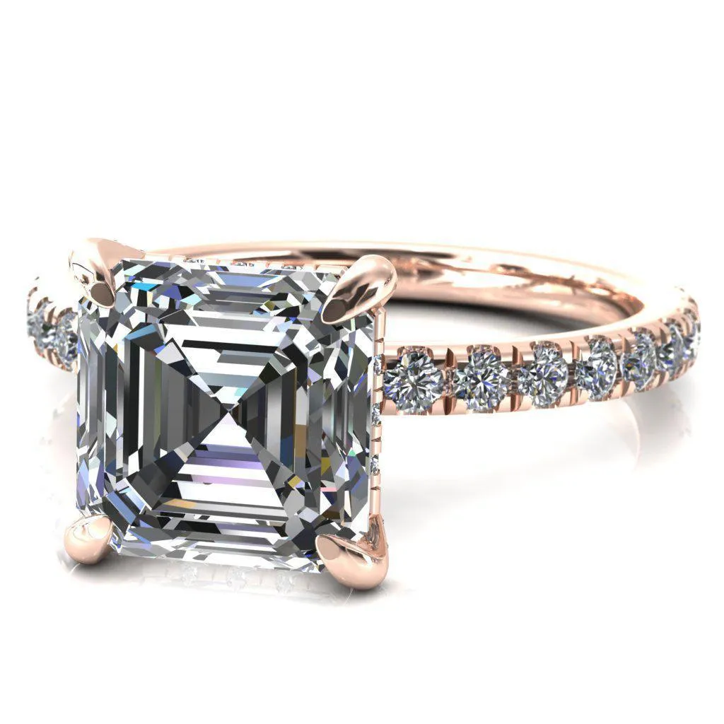 Daneli Asscher Moissanite 4 Claw Prong Micro Pave Diamond Sides Engagement Ring