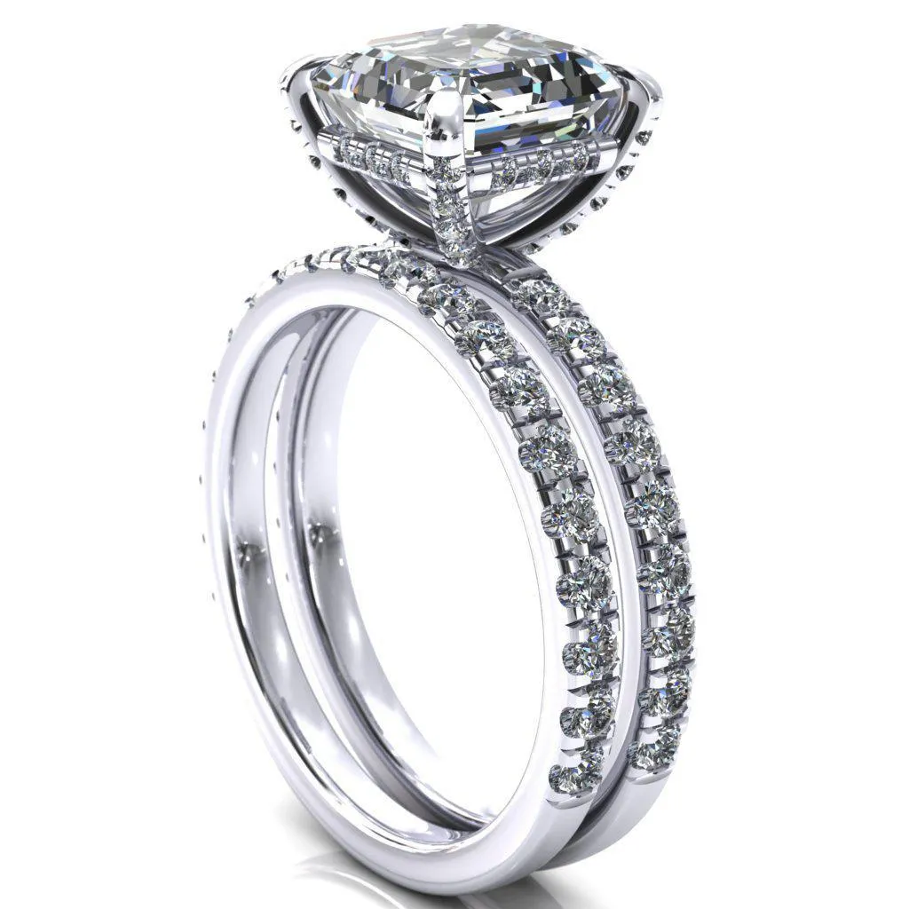 Daneli Asscher Moissanite 4 Claw Prong Micro Pave Diamond Sides Engagement Ring