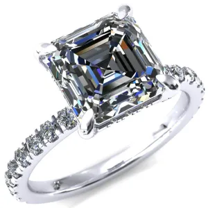 Daneli Asscher Moissanite 4 Claw Prong Micro Pave Diamond Sides Engagement Ring