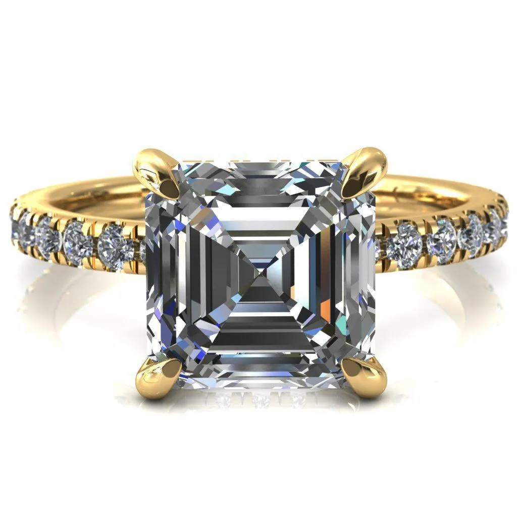 Daneli Asscher Moissanite 4 Claw Prong Micro Pave Diamond Sides Engagement Ring