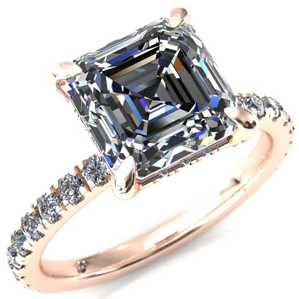 Daneli Asscher Moissanite 4 Claw Prong Micro Pave Diamond Sides Engagement Ring