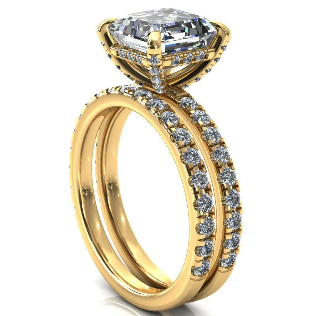 Daneli Asscher Moissanite 4 Claw Prong Micro Pave Diamond Sides Engagement Ring