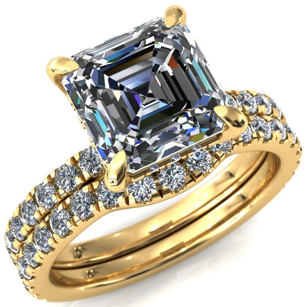 Daneli Asscher Moissanite 4 Claw Prong Micro Pave Diamond Sides Engagement Ring