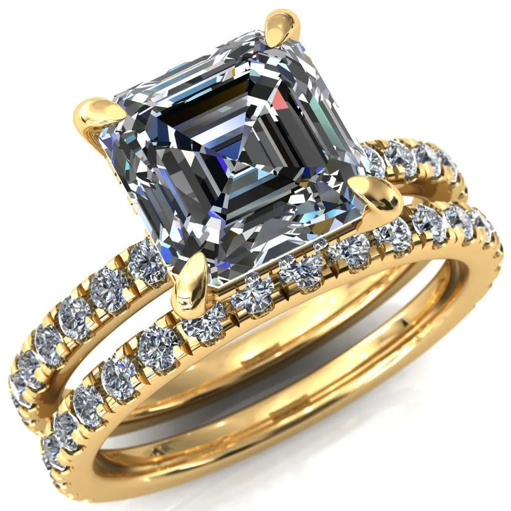 Daneli Asscher Moissanite 4 Claw Prong Micro Pave Diamond Sides Engagement Ring