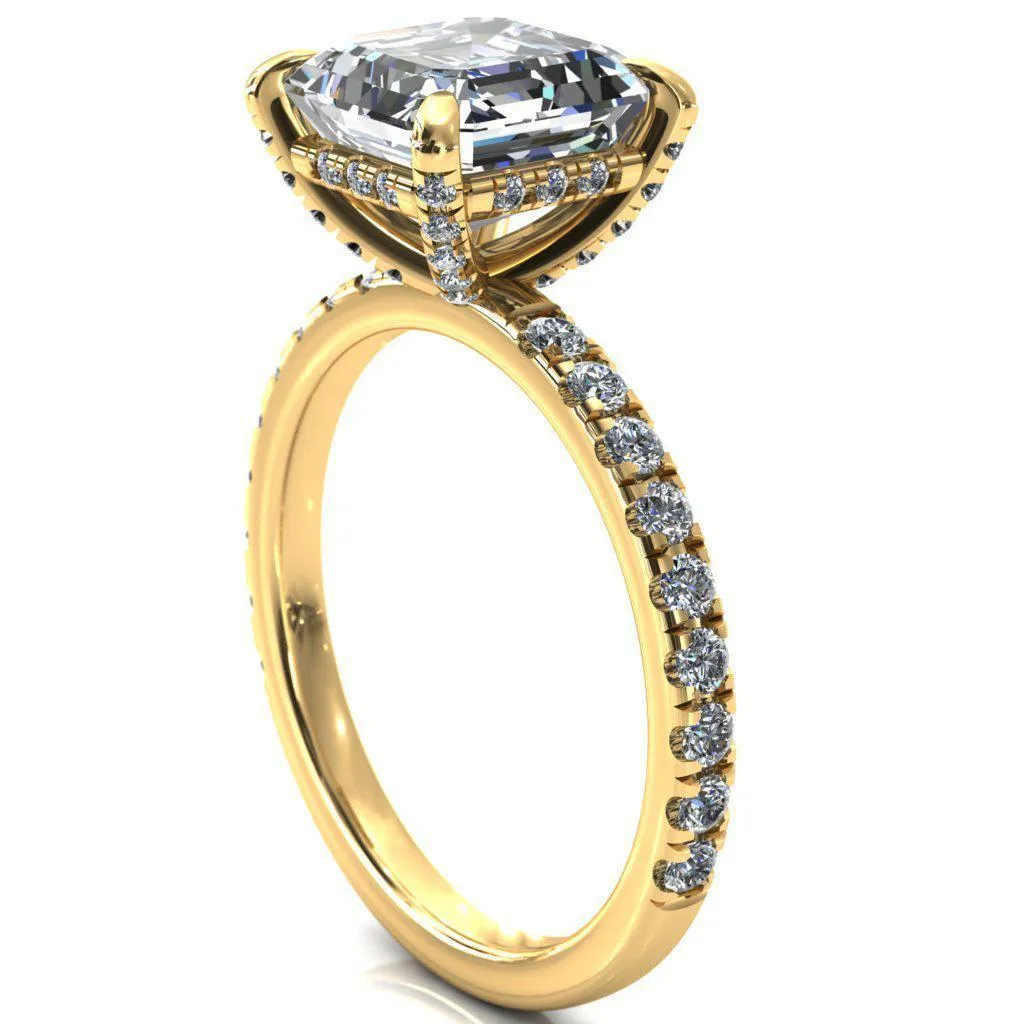 Daneli Asscher Moissanite 4 Claw Prong Micro Pave Diamond Sides Engagement Ring