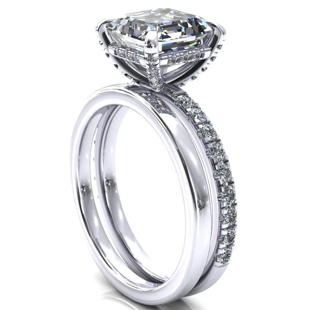 Daneli Asscher Moissanite 4 Claw Prong Micro Pave Diamond Sides Engagement Ring