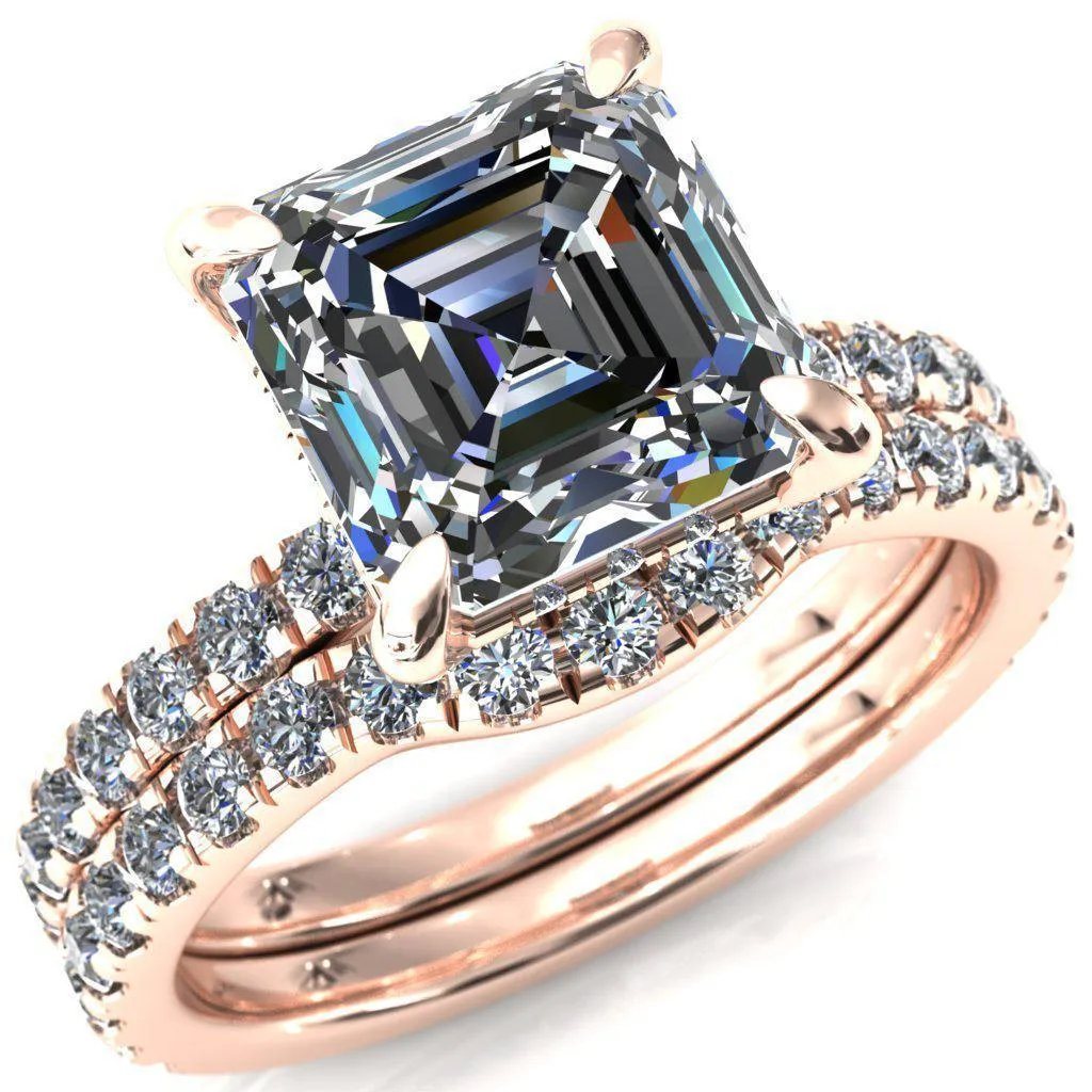 Daneli Asscher Moissanite 4 Claw Prong Micro Pave Diamond Sides Engagement Ring