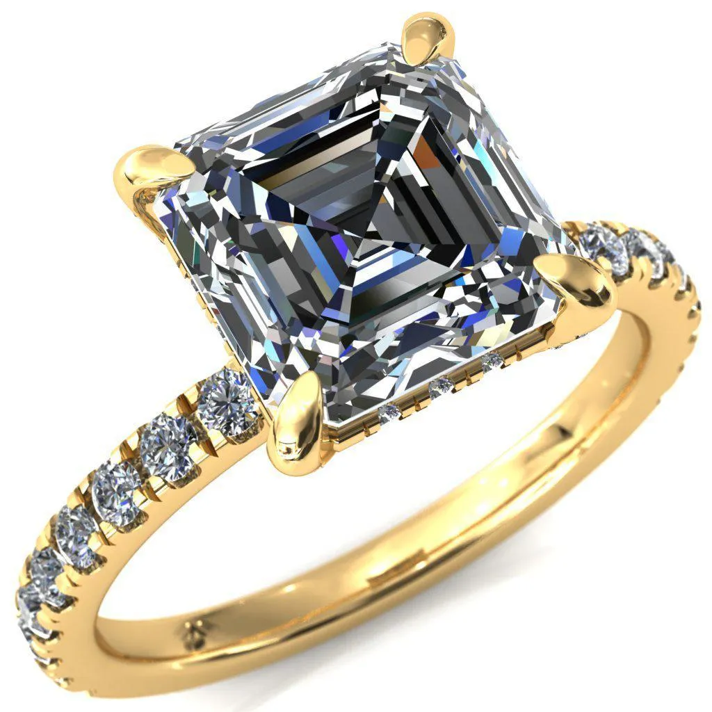 Daneli Asscher Moissanite 4 Claw Prong Micro Pave Diamond Sides Engagement Ring