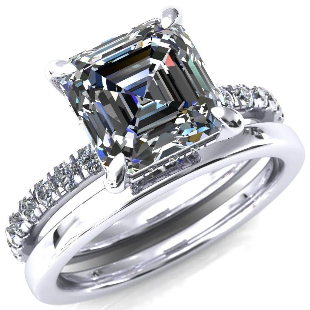 Daneli Asscher Moissanite 4 Claw Prong Micro Pave Diamond Sides Engagement Ring