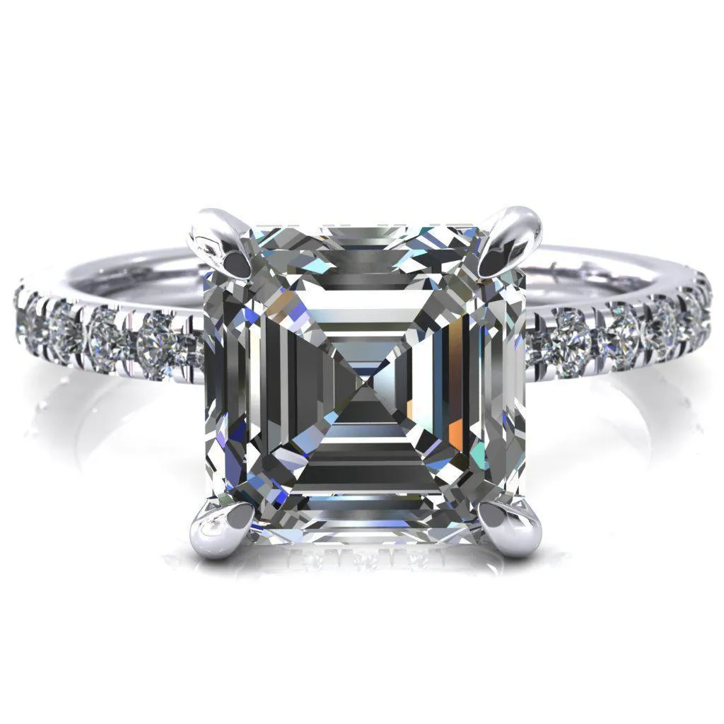 Daneli Asscher Moissanite 4 Claw Prong Micro Pave Diamond Sides Engagement Ring