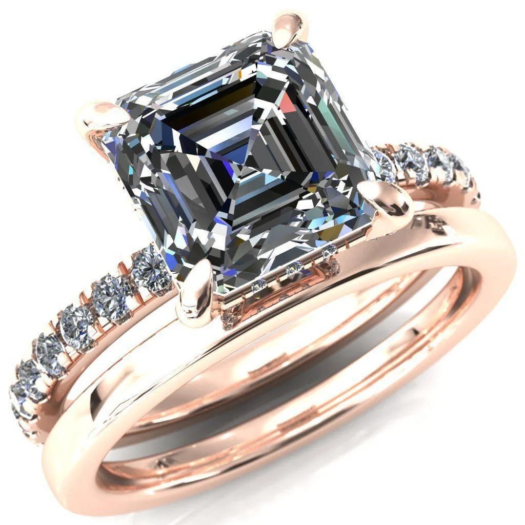 Daneli Asscher Moissanite 4 Claw Prong Micro Pave Diamond Sides Engagement Ring