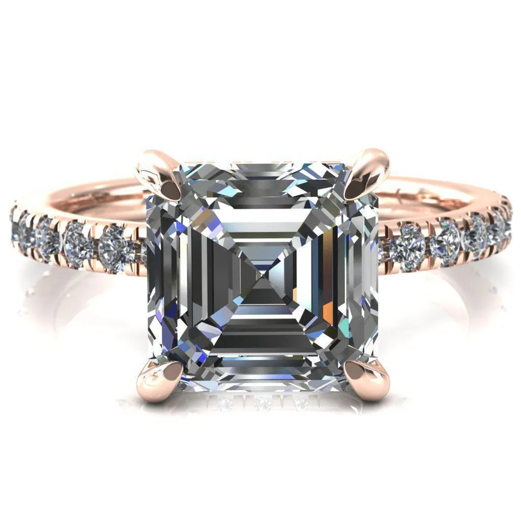 Daneli Asscher Moissanite 4 Claw Prong Micro Pave Diamond Sides Engagement Ring