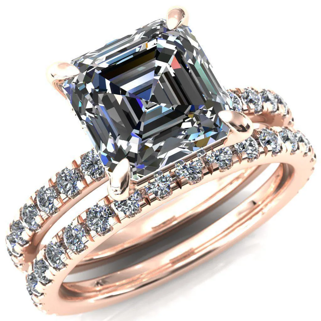 Daneli Asscher Moissanite 4 Claw Prong Micro Pave Diamond Sides Engagement Ring