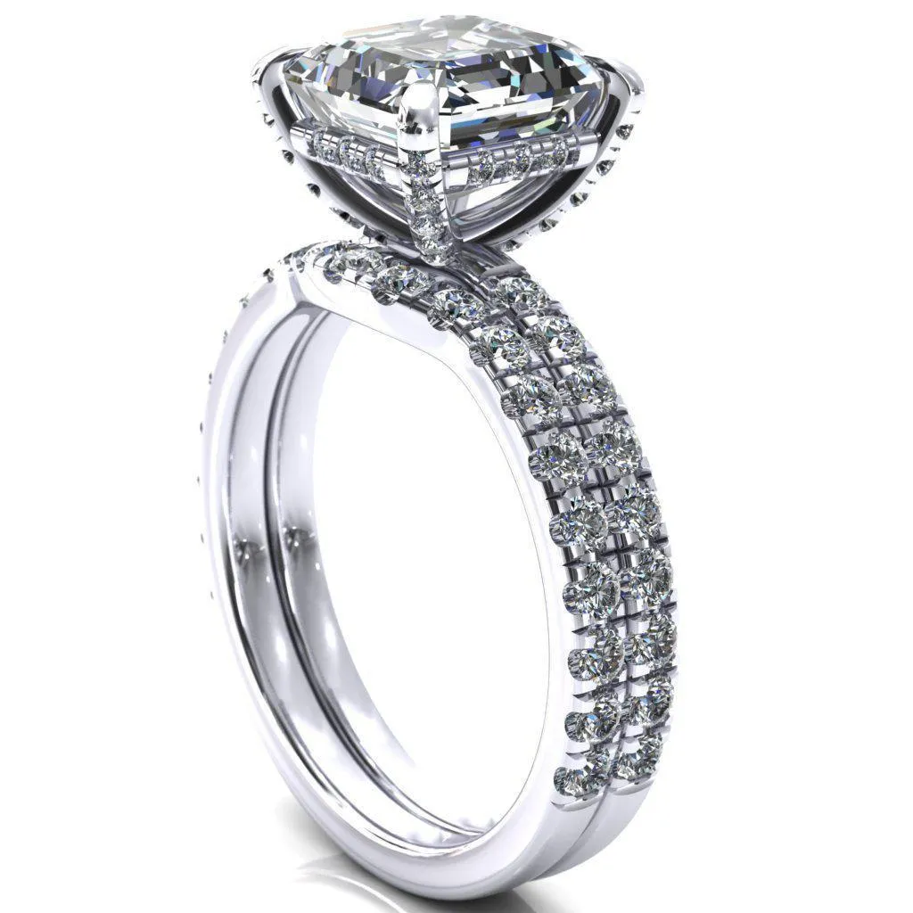 Daneli Asscher Moissanite 4 Claw Prong Micro Pave Diamond Sides Engagement Ring