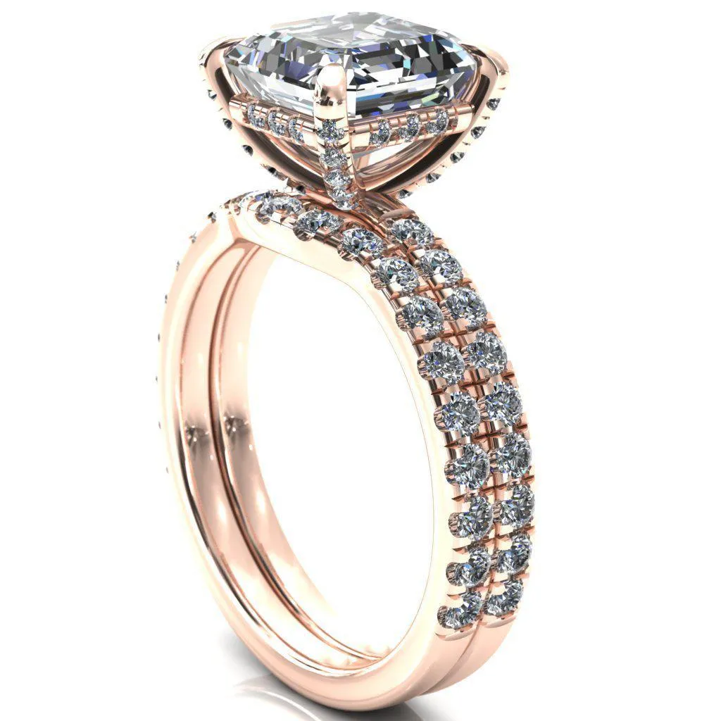 Daneli Asscher Moissanite 4 Claw Prong Micro Pave Diamond Sides Engagement Ring