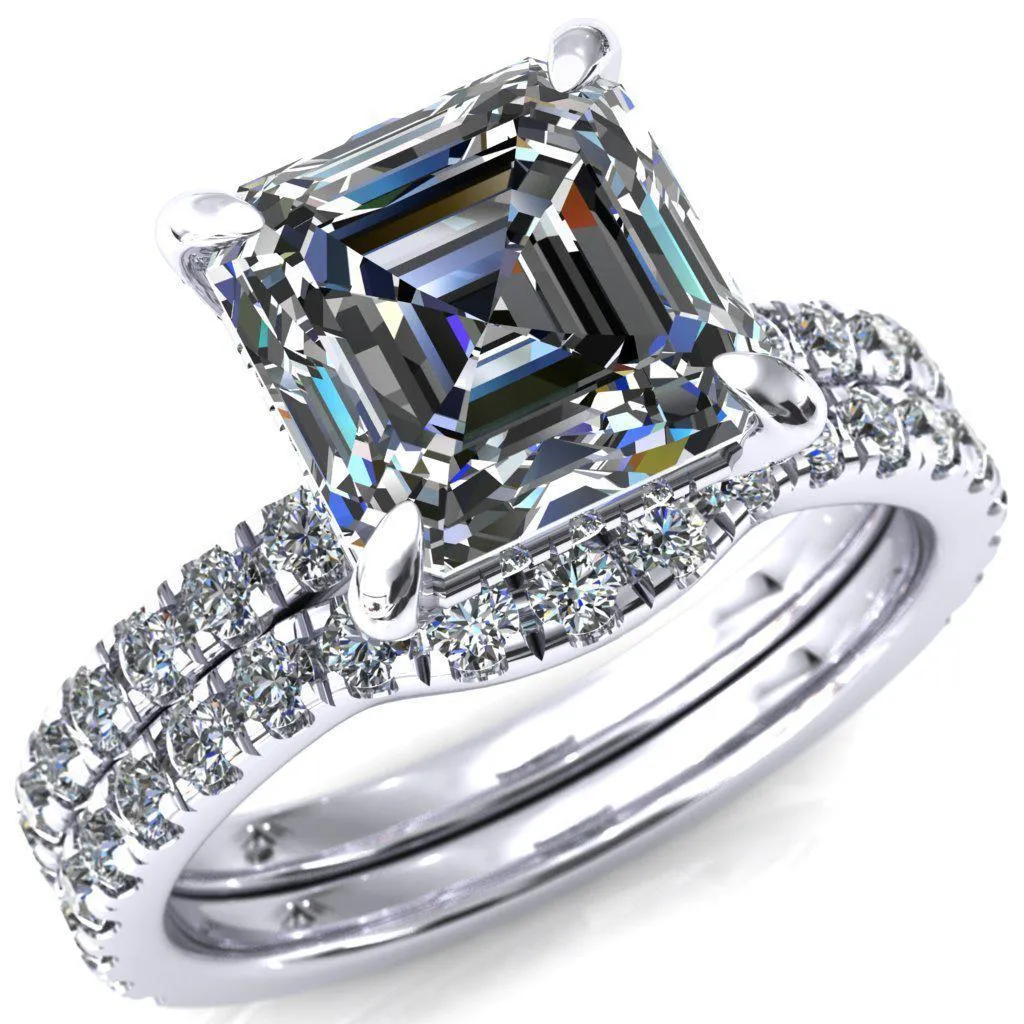 Daneli Asscher Moissanite 4 Claw Prong Micro Pave Diamond Sides Engagement Ring