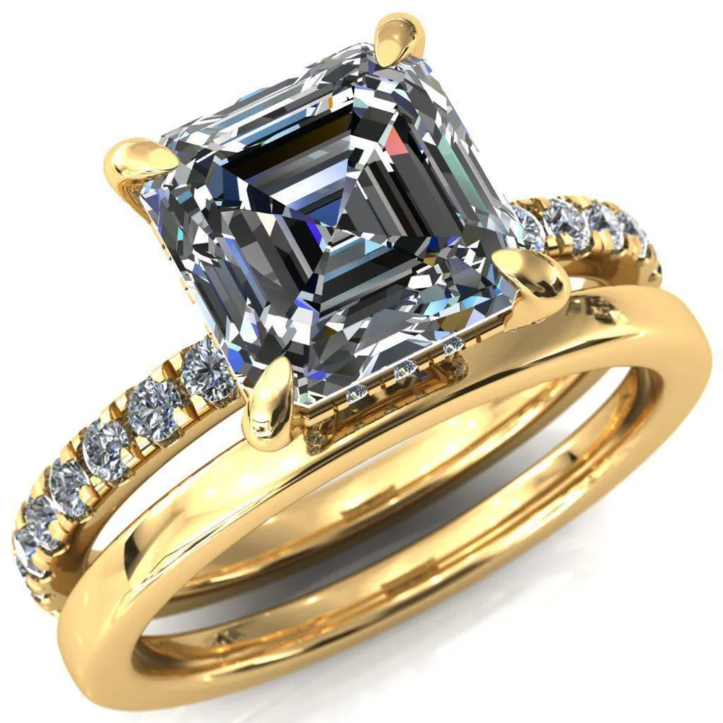 Daneli Asscher Moissanite 4 Claw Prong Micro Pave Diamond Sides Engagement Ring