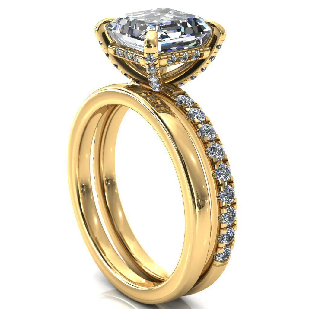 Daneli Asscher Moissanite 4 Claw Prong Micro Pave Diamond Sides Engagement Ring