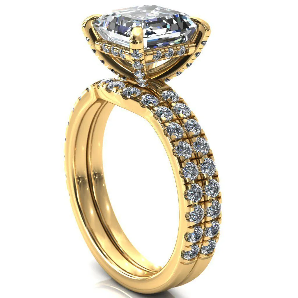 Daneli Asscher Moissanite 4 Claw Prong Micro Pave Diamond Sides Engagement Ring