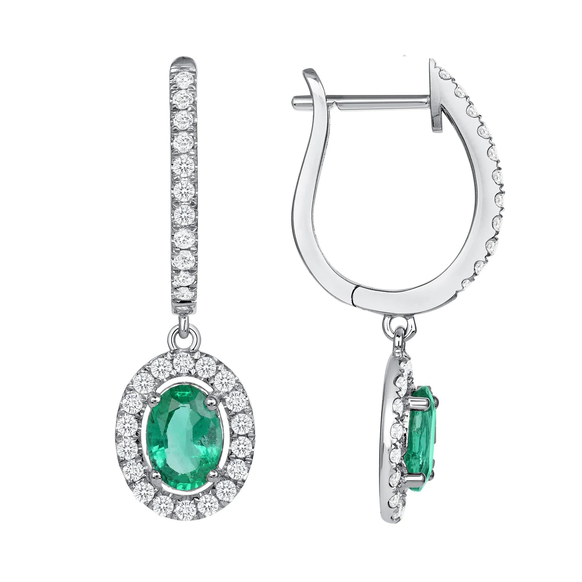 Dangling Earrings with Oval-cut Emerald accented by Round cut Diamonds in 14k White Gold