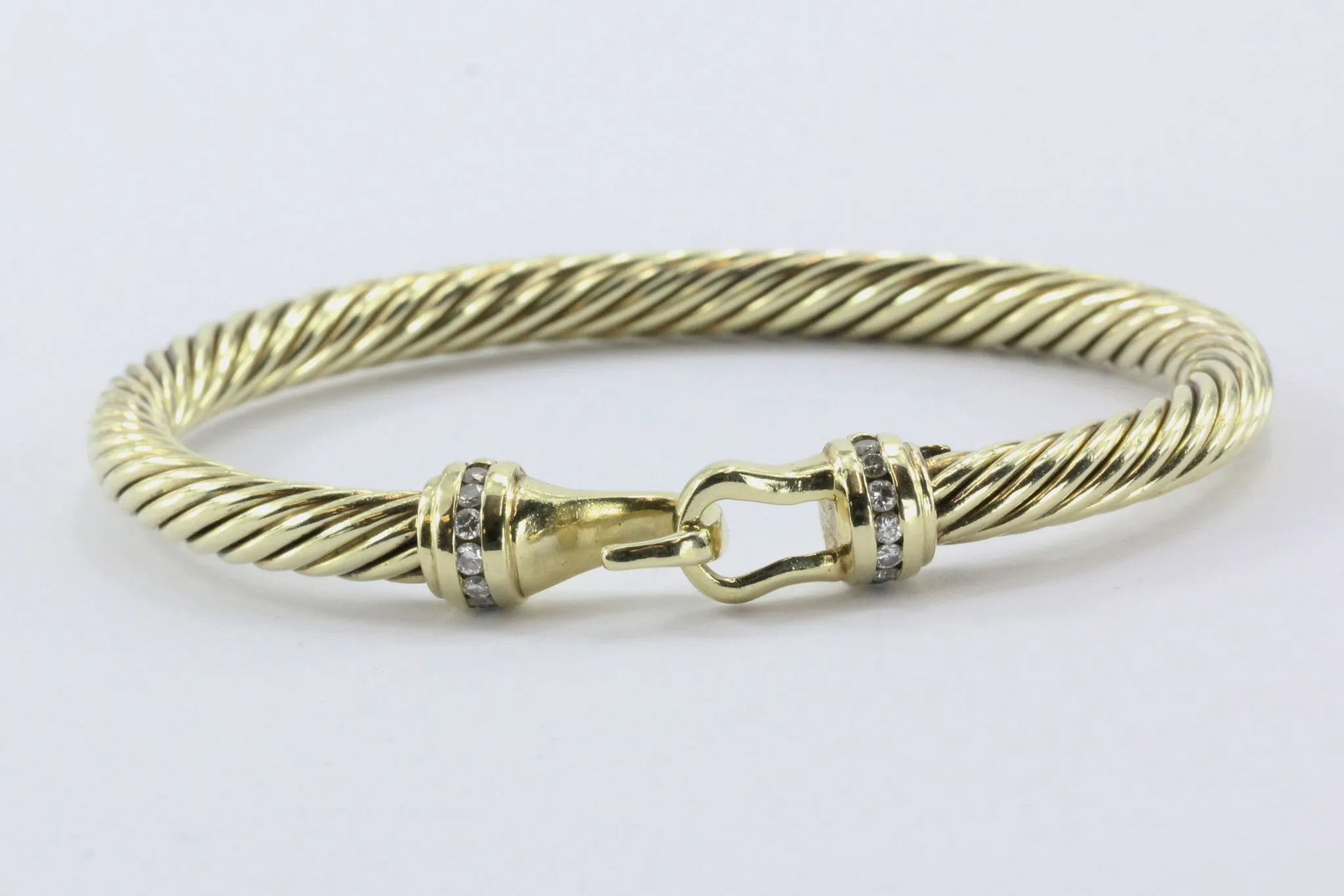 David Yurman 14K Gold & Diamond Cable Cuff Bangle Bracelet