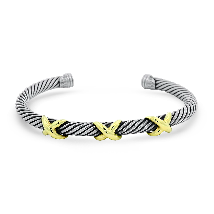 David Yurman Estate Sterling Silver and 14k Yellow Gold "X" Cable Cuff Bracelet