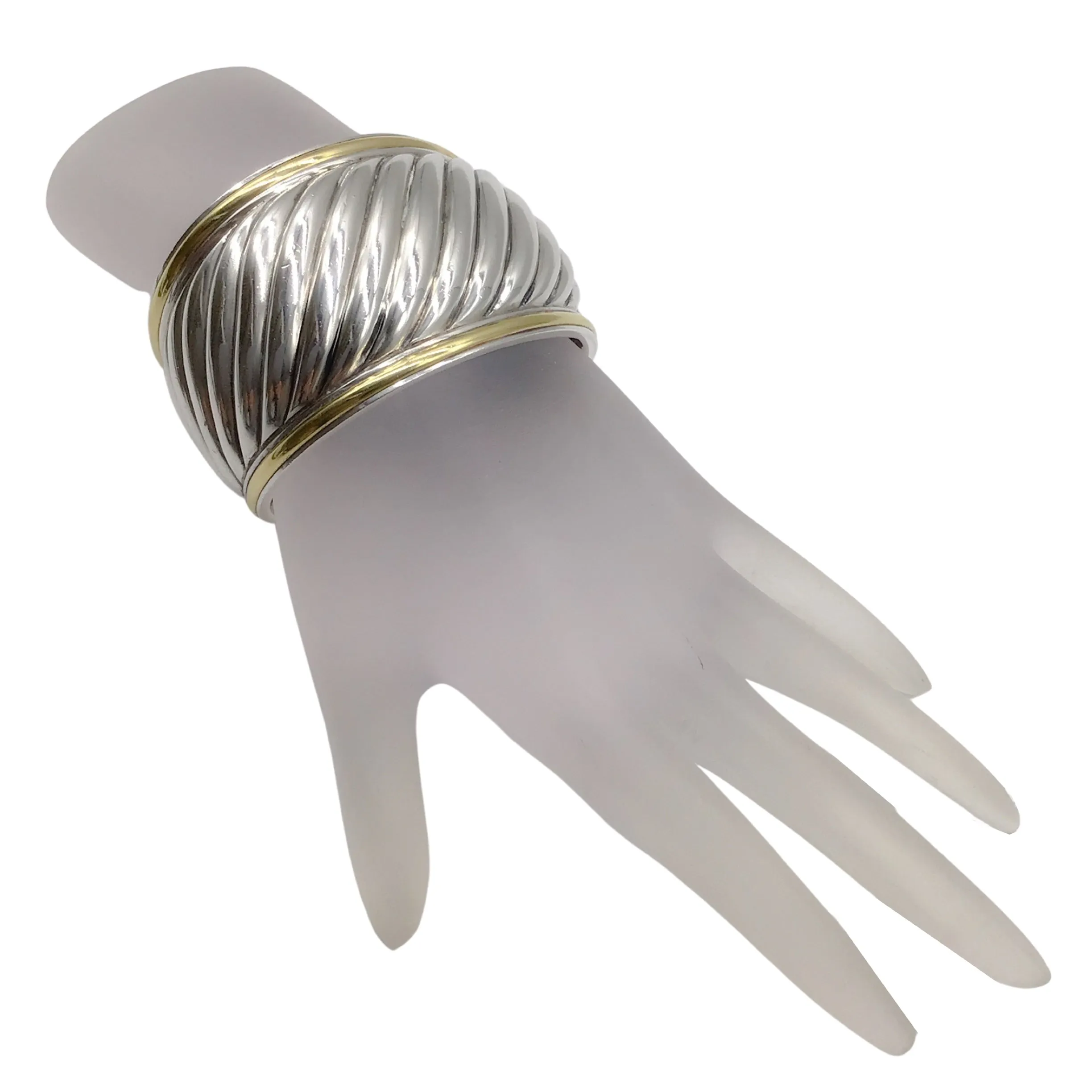 David Yurman Sterling Silver / 18k Gold Sculpted Cable Wide Cuff Bracelet
